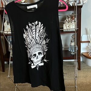 Edgy Black Feather Skull Graphic Muscle Tee